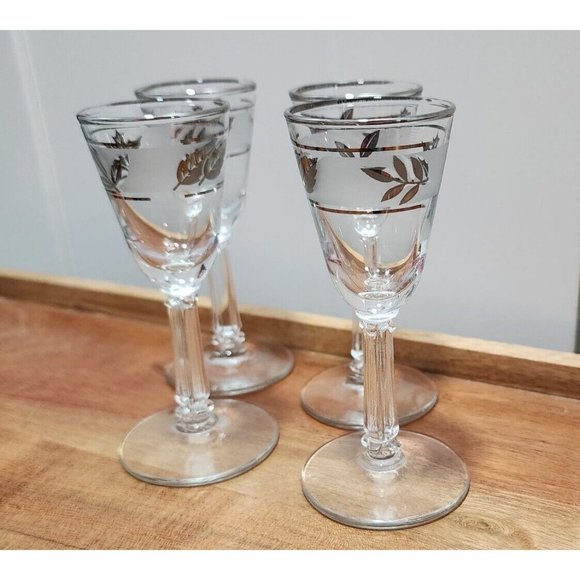 4) Libbey Cordial Glasses 4.25" Hostess Set 1oz Silver Leaf Foliage - Picture 3 of 12